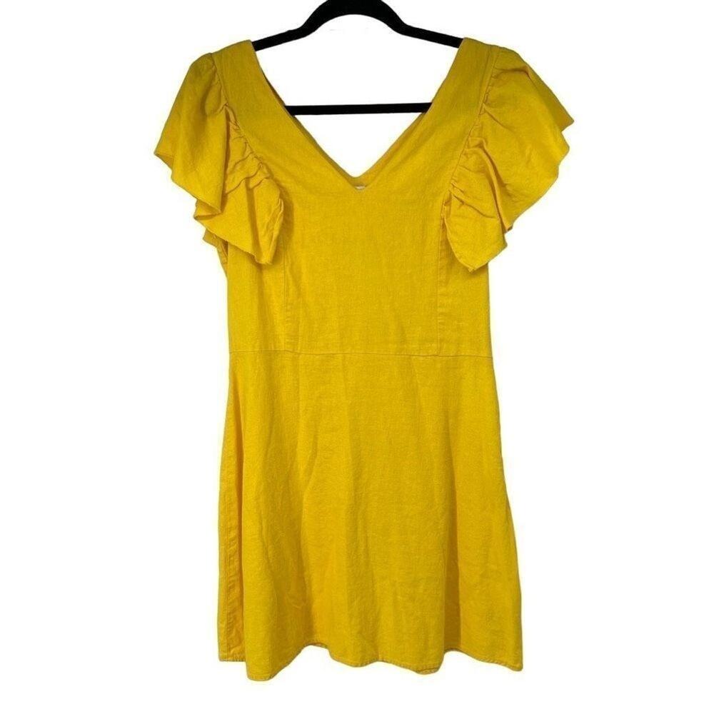 A New Day Yellow Flutter Sleeve Linen‎ Blend Dress